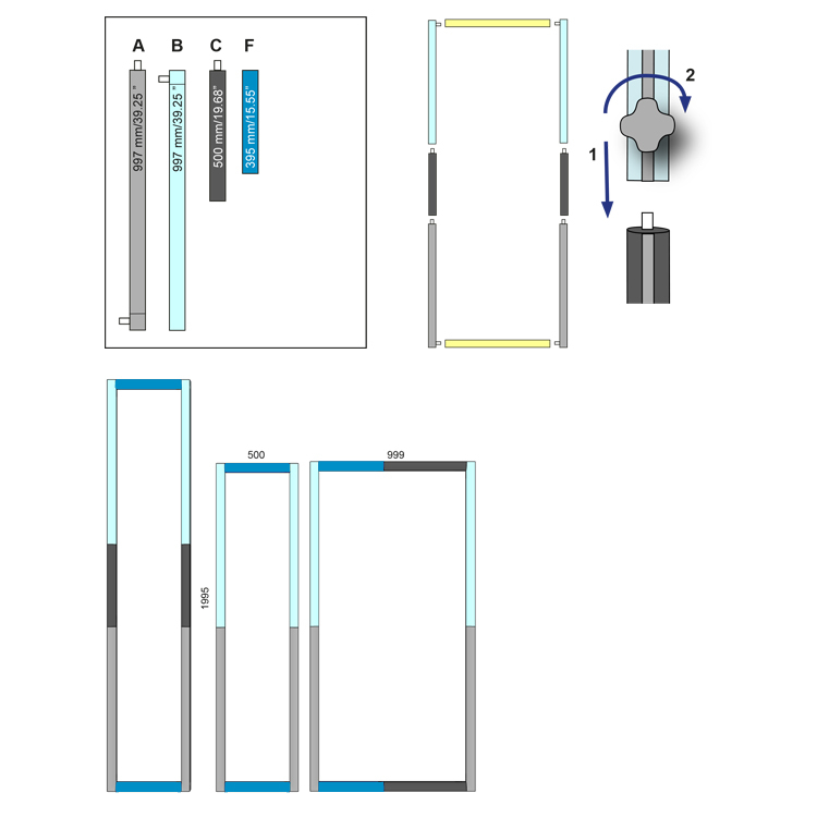 verschiedene Aufbaumöglichkeiten für das Expolinc Frame Set 0,5 x 2,5 Meter