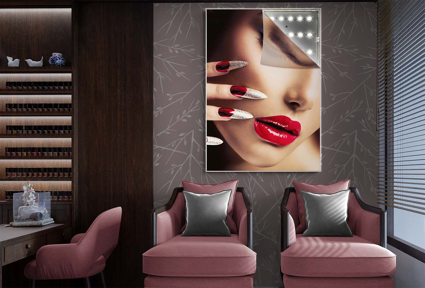 LED Leuchtrahmen im Nagelstudio eine ecke umgeklappt