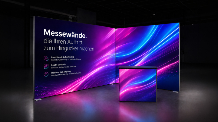 Messestand Mönchengladbach – beleuchteter Messestand mit hinterleuchtetem Textildruck