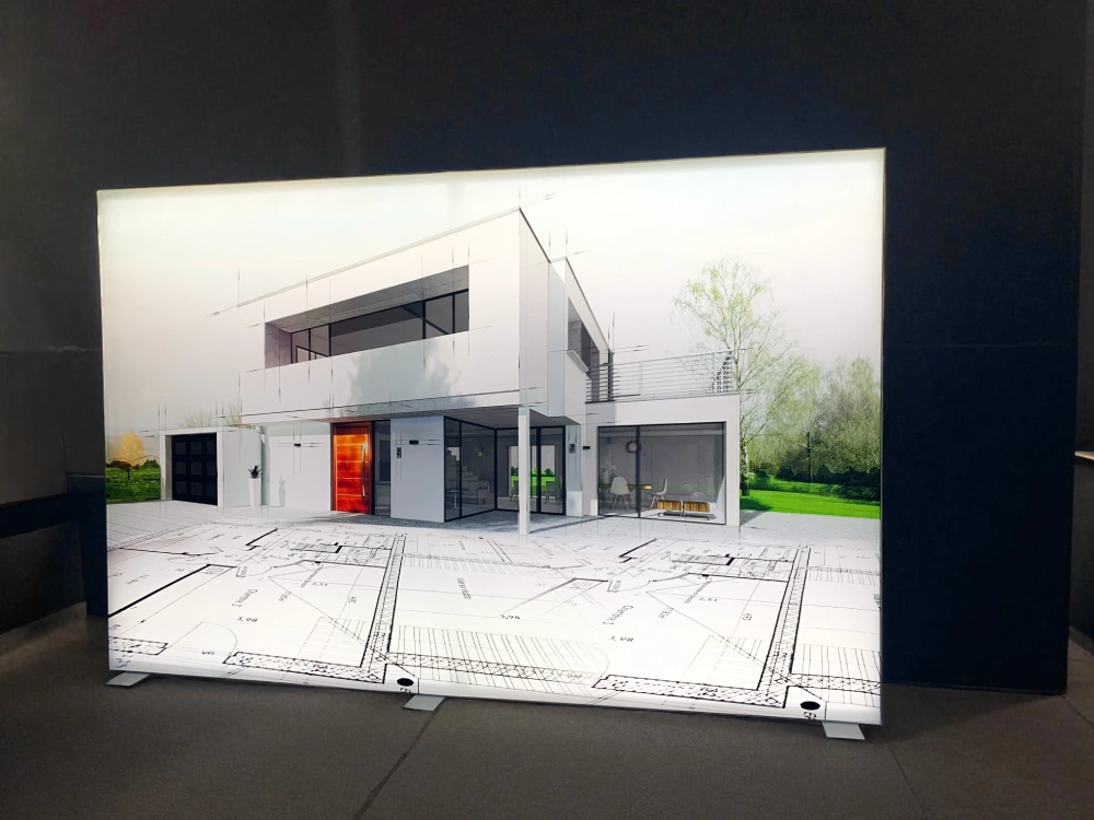 beleuchtete textilspannrahmen freistehend