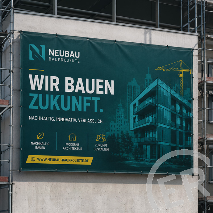 Werbebanner aus Mönchengladbach – grünes PVC-Werbebanner mit Ösen an einer Gerüstfassade